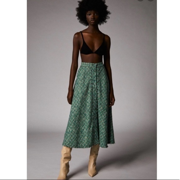 Zara Tweed High Waist Fringe Hem Button Dawn Flowy Midi skirt - Picture 1 of 12